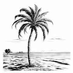 Black and White Sketch of a Palm Tree on a Tropical Beach

