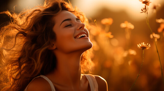 una imagen que retrata a contraluz a una mujer tranquila y feliz con los ojos cerrados, viviendo un momento sereno de la vida.