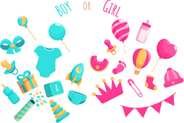 Announcement newborn gender icons set cartoon vector. Baby boy. Party reveal gender