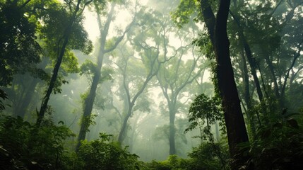 there are towering trees in the lush forest, towering into the clouds like green towers. 