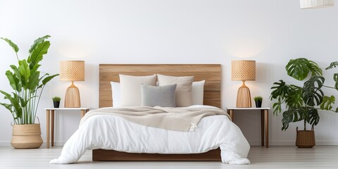 Fototapeta premium Stylish bedroom with nightstands, screen, plants, and lamp