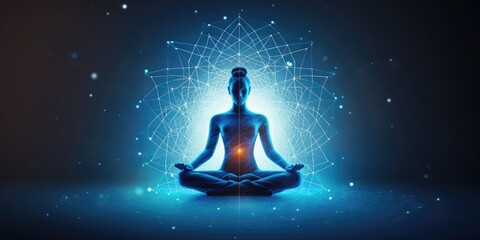 Fototapeta na wymiar Yoga lotus pose, icon shaped with blue neural connection lines and glowing dots, binary, 