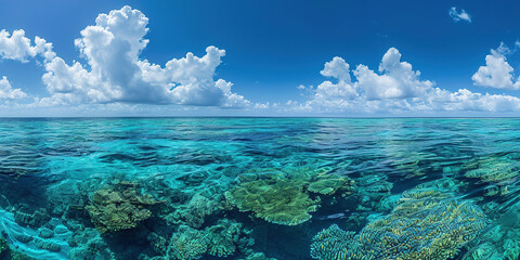 Fototapeta na wymiar Great Barrier Reef on the coast of Queensland, Australia seascape. Coral sea marine ecosystem wallpaper with blue cloudy sky in the daylight