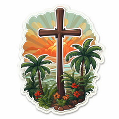 Tropical Christian Cross at Sunrise Sticker Design

