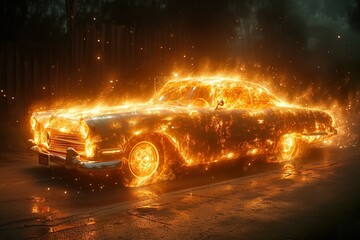 Fototapeta na wymiar Car On Fire Flying In The Universe