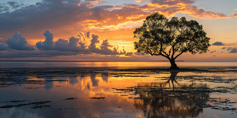 A silhouette of a tree on an island beach sunset landscape. Golden hour evening sky in the horizon. Mindfulness, meditation, calmness, serenity, relaxation concept background