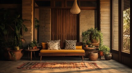 A beautiful warm and homey entrance mid-century, textures and textiles, interior design, 