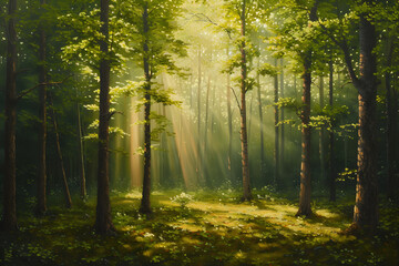 Nature's Spotlight: Beautiful Sunlight Rays in a Lush Green Forest