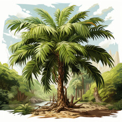 Obraz premium Lush Green Palm Tree in a Tropical Landscape Illustration