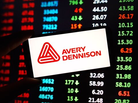 Konskie, Poland - February 04, 2024: Avery Dennison company logo displayed on mobile phone