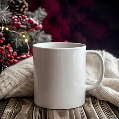 Obraz na płótnie Canvas Cozy Holidays Begin, Plain White Mug in a Christmas Background