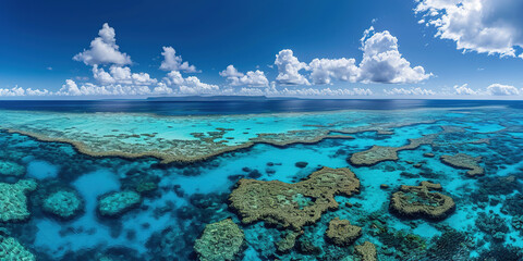 Fototapeta na wymiar Great Barrier Reef on the coast of Queensland, Australia seascape. Coral sea marine ecosystem wallpaper with blue cloudy sky in the daylight