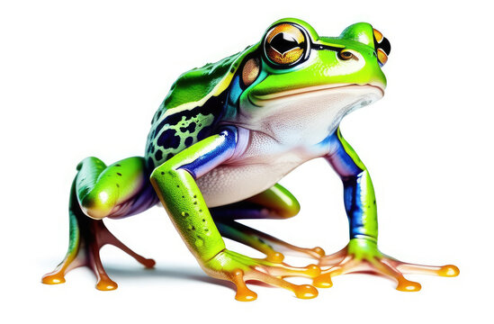 Watercolor frog, white background, spring colors green yellow and red, clipart frog