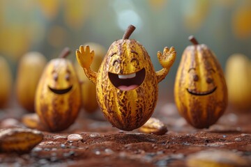 The cute character of the cartoon smiling Cocoa bean waves his hands and greets. 3d illustration