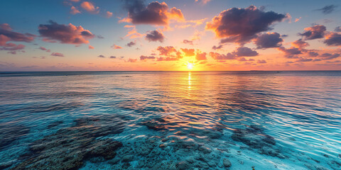 Great Barrier Reef on the coast of Queensland, Australia seascape. Coral sea marine ecosystem wallpaper background at sunset, with an orange purple sky in the evening golden hour - obrazy, fototapety, plakaty