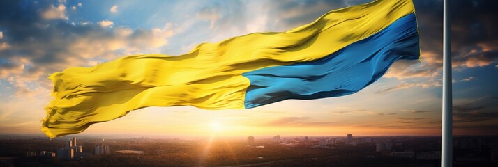 Flag Ukraine Against Backdrop Sunrise Yell, Background Image, Background For Banner, HD