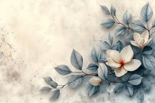 Floral nature background of white plant leaves and flower leaves on border, light gray and white watercolor painted leaf outlines in abstract illustration with soft texture, elegant pale banner