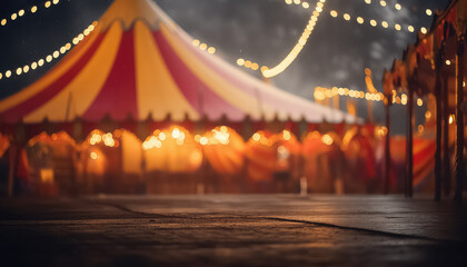 Circus tent with lights garland in night park ,concept carnival - obrazy, fototapety, plakaty