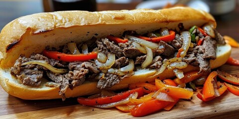 Philly cheesesteak sandwich with homemade onions and peppers, Generative AI