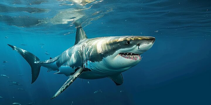 Underwater image of a stunning wild great white shark, Generative AI