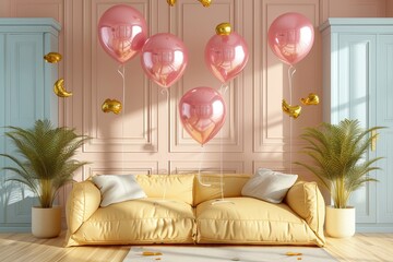 A whimsical interior design with a floating array of pink balloons adds a touch of playful elegance to the indoor space, complemented by a cozy couch adorned with plush pillows, vases of flowers, and