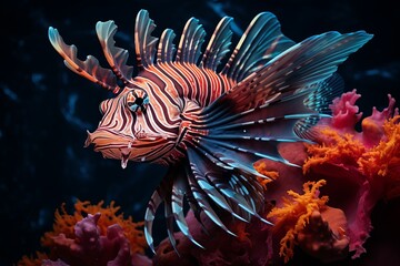 Majestic sumatran barb fish gracefully swimming among colorful coral reefs and aquatic plants