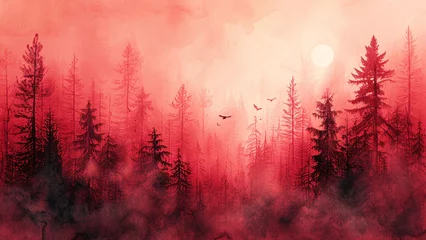 Foto op Canvas Misty Forest Raven Crow Landscape Magenta Pink Black Sunset Sundown Fog Foogy Dreamy Mist Full Moon Sun Rays Darkness Gothic Desktop Wallpaper Background 8k © Carlabri