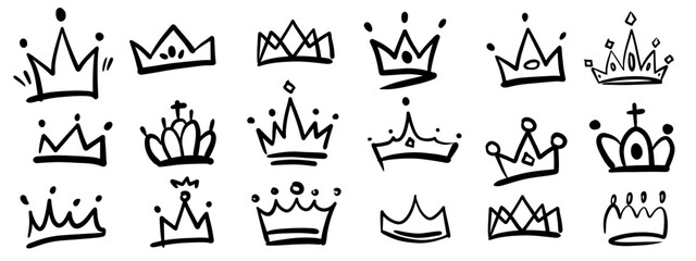 Crown vector illustration sketch set hand drawn scrapbooking elements. Doodle funny royal diadema, crown, headdress, cap with diamonds, gem, jewel. - obrazy, fototapety, plakaty