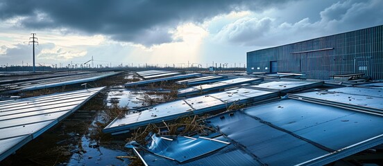 Hurricane damage to solar panels on industrial building affecting green power production, Generative AI - obrazy, fototapety, plakaty