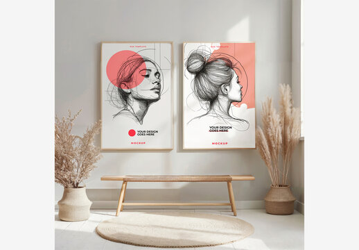 Poster Frame Mockup Interior: Stylish Room with Bench, Framed Pictures, Rug, and Window