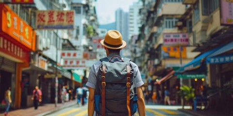 Fototapeta premium Back-view of backpack-wearing tourist wandering city streets, Generative AI