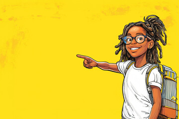 Little girl with dreadlocks, glasses and backpack smiling and looking at camera, pointing at yellow background. - obrazy, fototapety, plakaty