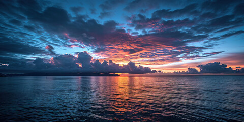 Calm Sea sunset landscape. Purple, pink, orange fiery golden hour evening sky in the horizon. Mindfulness, meditation, calmness, serenity, relaxation concept wallpaper background