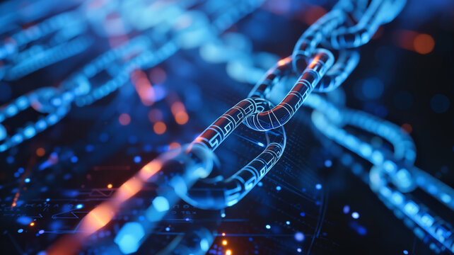 background with chains, how blockchain enables smart contracts, transparent blocks connected by chains with digital codes inscribed in each