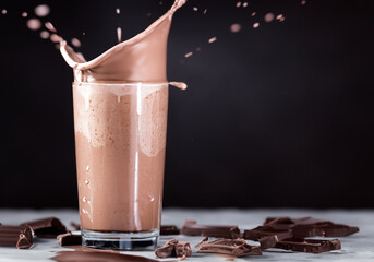 Close up Chocolate protein drink in glass with splash