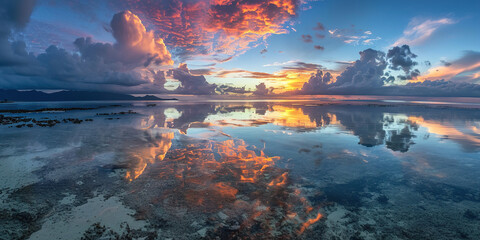 Great Barrier Reef on the coast of Queensland, Australia seascape. Coral sea marine ecosystem wallpaper background at sunset, with an orange purple sky in the evening golden hour