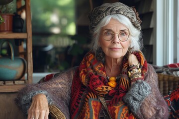 A stylish lady exudes confidence as she wears a chic scarf, glasses, and hat, completing her fashionable look indoors with a bright smile