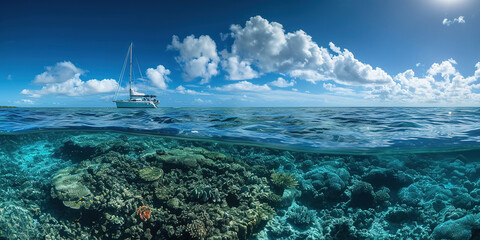 Great Barrier Reef on the coast of Queensland, Australia seascape. Coral sea marine ecosystem underwater split view with a blue daylight sky wallpaper background