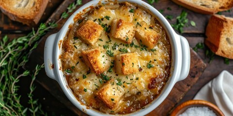 Healthier French onion soup with reduced fat and plain croutons, viewed from above, Generative AI - obrazy, fototapety, plakaty