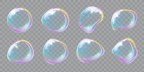 Soap bubbles, set of illustrations of realistic transparent soap bubbles on transparent cut out background