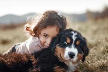 A young girl finds solace and joy in the loving embrace of her loyal canine companion, surrounded by the vibrant green grass of a sun-kissed field
