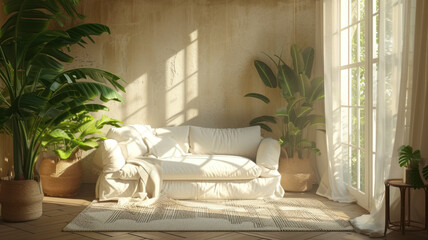 Sunlight streaming through sheer curtains onto a chic white sofa surrounded by indoor greenery.