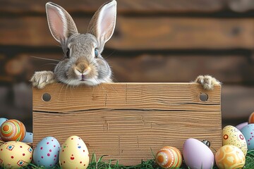 A playful bunny spreads easter cheer with a sign and colorful eggs, while enjoying the great outdoors as a domesticated animal