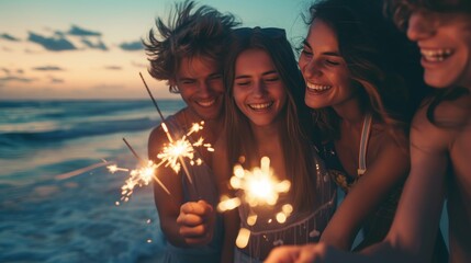 Group of friends having fun with sparklers at the beach - obrazy, fototapety, plakaty