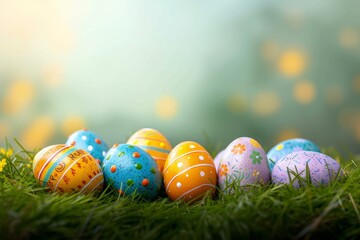 Vibrant easter eggs rest peacefully among the lush green grass, resembling delicate spheres waiting to be discovered in an outdoor egg hunt