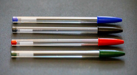 ballpoint pens in different colors. Old and traditional pens.