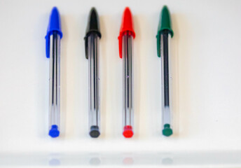 ballpoint pens in different colors. Old and traditional pens.