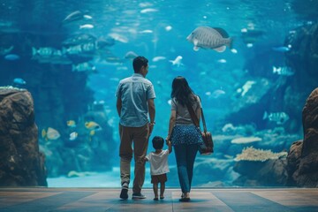 Rear view of mother, father and child walking in the sea world aquarium area. A family is spending time in a giant aquarium