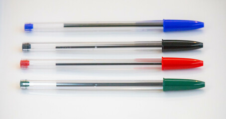 ballpoint pens in different colors. Old and traditional pens.