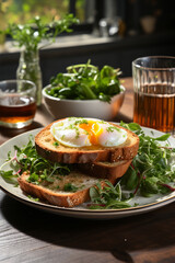 Traditional breakfast with poached egg, toast and salad on the plate.